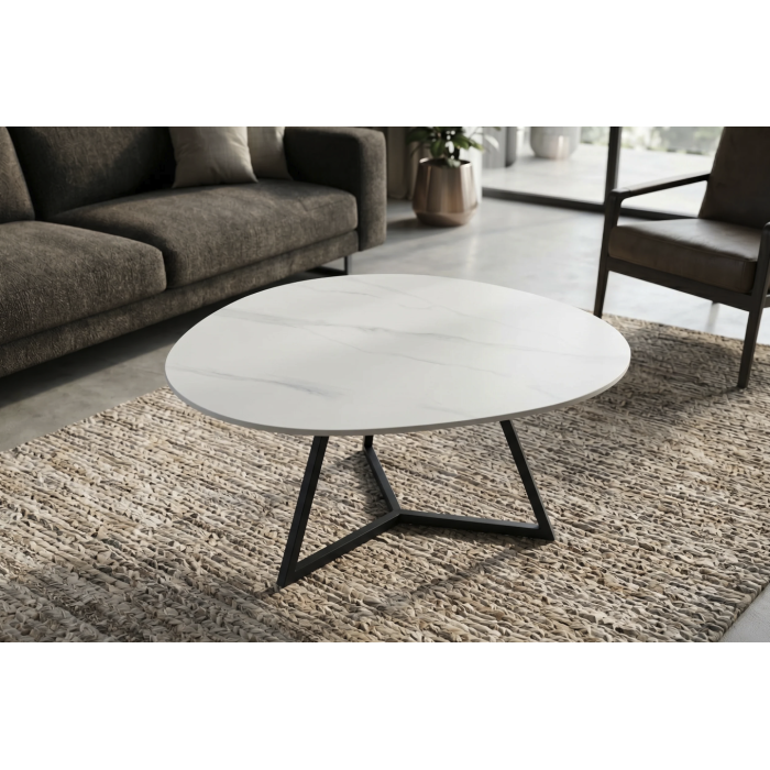 Salontafel PETRANO 90 cm in wit marmer effect keramiek en zwart metaal - Organische vorm