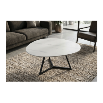 Mesa de centro PETRANO 90 cm en cerámica efecto mármol blanco y metal negro - Forma orgánica