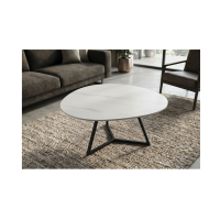 Salontafel PETRANO 90 cm in wit marmer effect keramiek en zwart metaal - Organische vorm