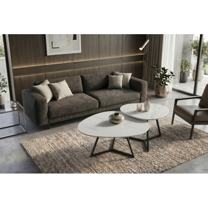 Salontafel PETRANO 90 cm in wit marmer effect keramiek en zwart metaal - Organische vorm