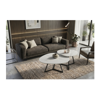 Mesa de centro PETRANO 90 cm en cerámica efecto mármol blanco y metal negro - Forma orgánica