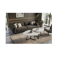 Salontafel PETRANO 90 cm in wit marmer effect keramiek en zwart metaal - Organische vorm