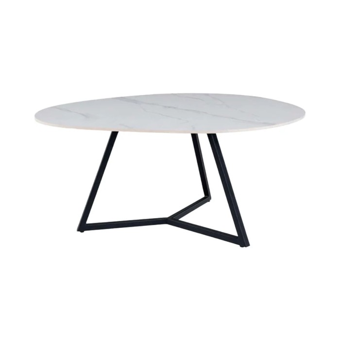 Salontafel PETRANO 90 cm in wit marmer effect keramiek en zwart metaal - Organische vorm