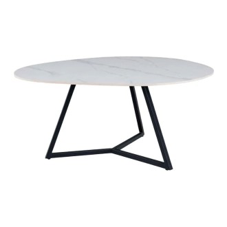Mesa de centro PETRANO 90 cm en cerámica efecto mármol blanco y metal negro - Forma orgánica