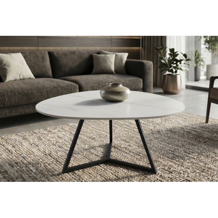 Salontafel PETRANO 90 cm in wit marmer effect keramiek en zwart metaal - Organische vorm