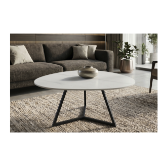 Mesa de centro PETRANO 90 cm en cerámica efecto mármol blanco y metal negro - Forma orgánica