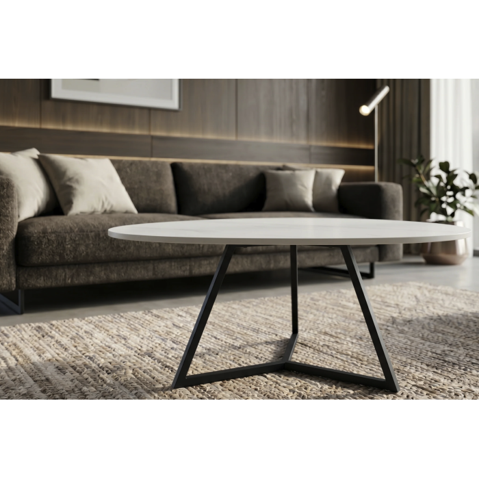 Salontafel PETRANO 90 cm in wit marmer effect keramiek en zwart metaal - Organische vorm