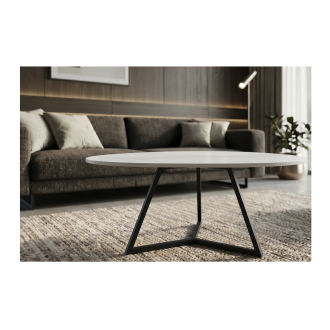 Mesa de centro PETRANO 90 cm en cerámica efecto mármol blanco y metal negro - Forma orgánica