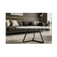 Salontafel PETRANO 90 cm in wit marmer effect keramiek en zwart metaal - Organische vorm