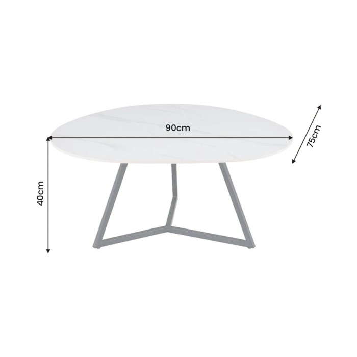 Salontafel PETRANO 90 cm in wit marmer effect keramiek en zwart metaal - Organische vorm