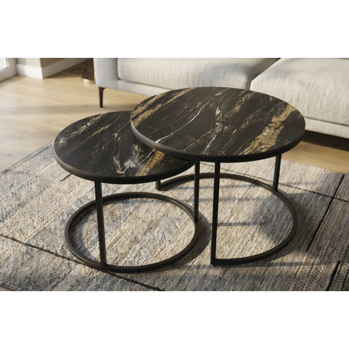Ensemble de 2 tables basses gigognes VELTO en céramique noire effet marbre sable et métal noir