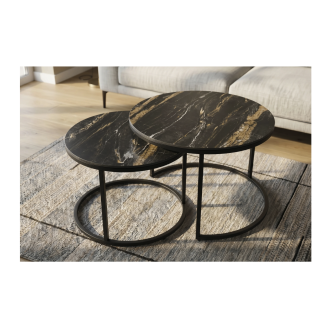 Tables basses gigognes VELTO effet marbre noir et sable vues de face