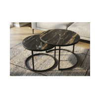 Ensemble de 2 tables basses gigognes VELTO en céramique noire effet marbre sable et métal noir