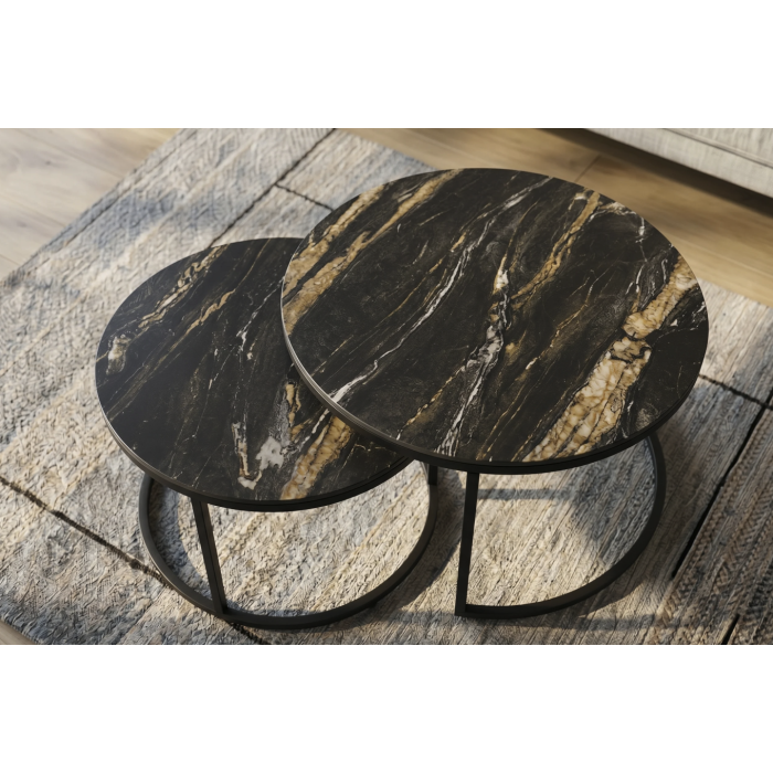 Ensemble de 2 tables basses gigognes VELTO en céramique noire effet marbre sable et métal noir