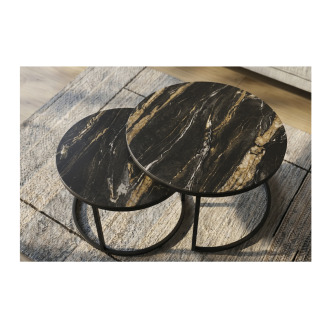 Tables basses gigognes VELTO effet marbre noir et sable vues de haut
