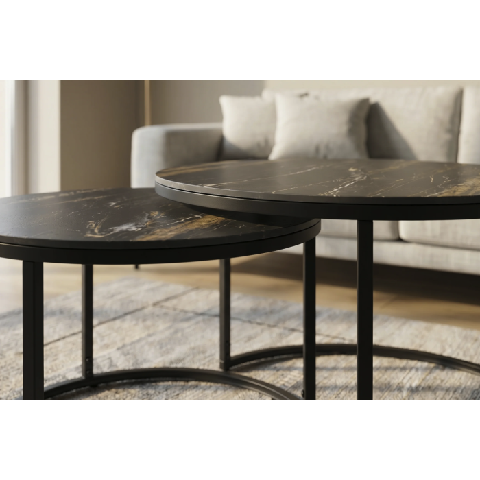 Ensemble de 2 tables basses gigognes VELTO en céramique noire effet marbre sable et métal noir