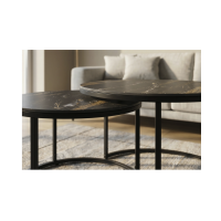 Ensemble de 2 tables basses gigognes VELTO en céramique noire effet marbre sable et métal noir