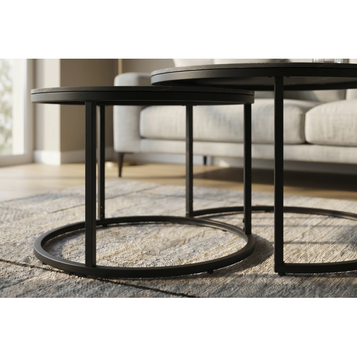 Ensemble de 2 tables basses gigognes VELTO en céramique noire effet marbre sable et métal noir
