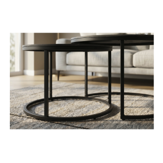 Zoom sur les structures des tables basses gigognes VELTO effet marbre noir et sable