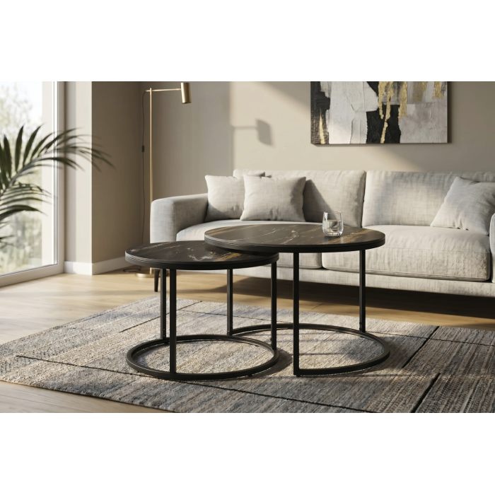 Ensemble de 2 tables basses gigognes VELTO en céramique noire effet marbre sable et métal noir