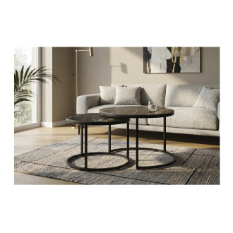 Tables basses gigognes VELTO effet marbre noir et sable mises en situation