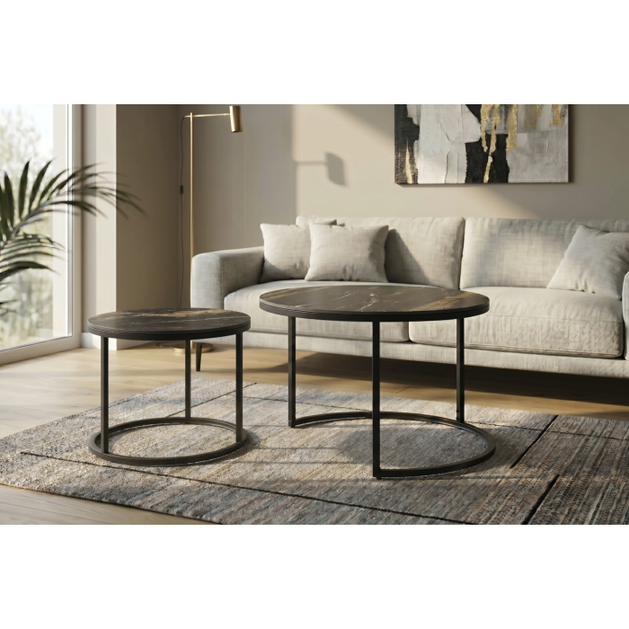 Ensemble de 2 tables basses gigognes VELTO en céramique noire effet marbre sable et métal noir