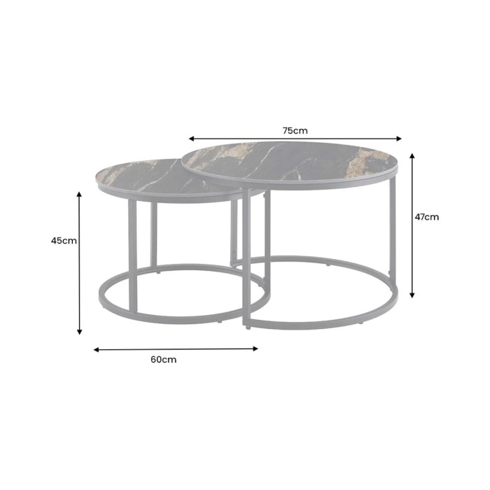 Ensemble de 2 tables basses gigognes VELTO en céramique noire effet marbre sable et métal noir