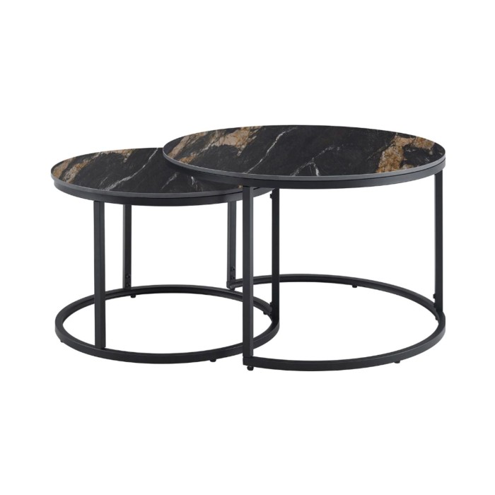 Ensemble de 2 tables basses gigognes VELTO en céramique noire effet marbre sable et métal noir