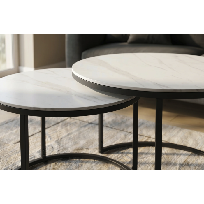 Ensemble de 2 tables basses gigognes VELTO en céramique effet marbre blanc et métal noir
