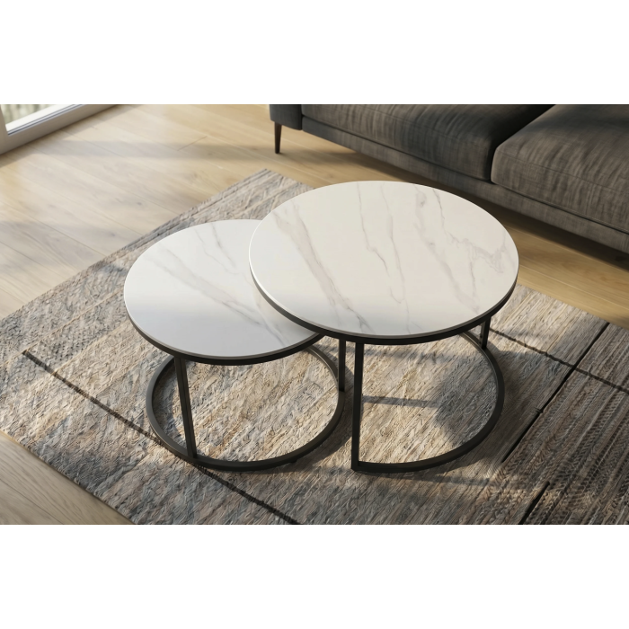 Ensemble de 2 tables basses gigognes VELTO en céramique effet marbre blanc et métal noir