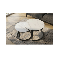 Ensemble de 2 tables basses gigognes VELTO en céramique effet marbre blanc et métal noir