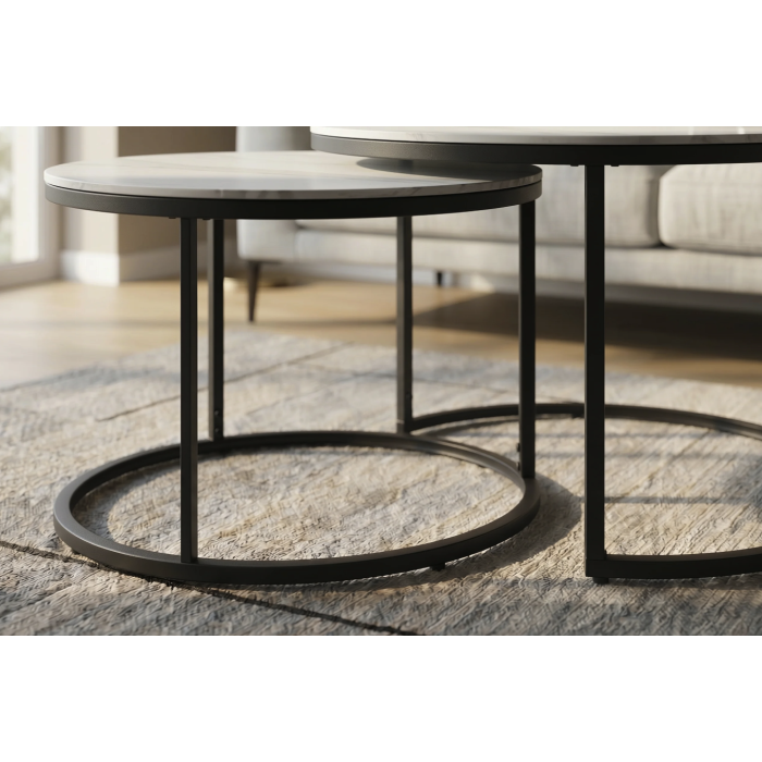 Ensemble de 2 tables basses gigognes VELTO en céramique effet marbre blanc et métal noir