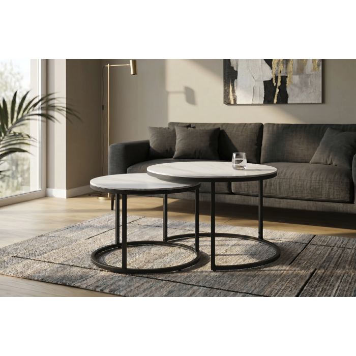 Ensemble de 2 tables basses gigognes VELTO en céramique effet marbre blanc et métal noir