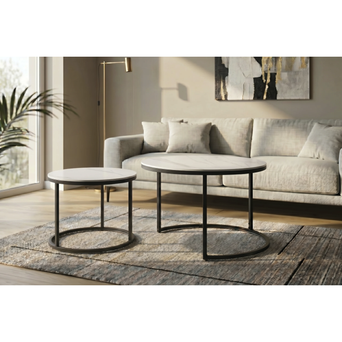 Ensemble de 2 tables basses gigognes VELTO en céramique effet marbre blanc et métal noir