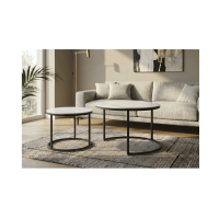 Ensemble de 2 tables basses gigognes VELTO en céramique effet marbre blanc et métal noir
