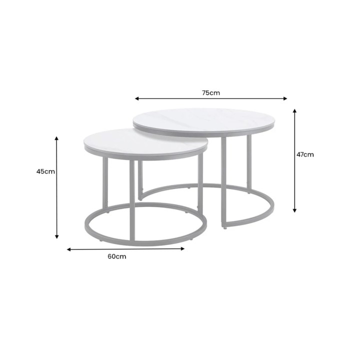 Ensemble de 2 tables basses gigognes VELTO en céramique effet marbre blanc et métal noir