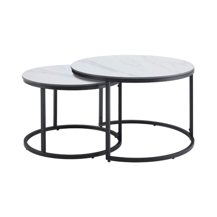 Ensemble de 2 tables basses gigognes VELTO en céramique effet marbre blanc et métal noir