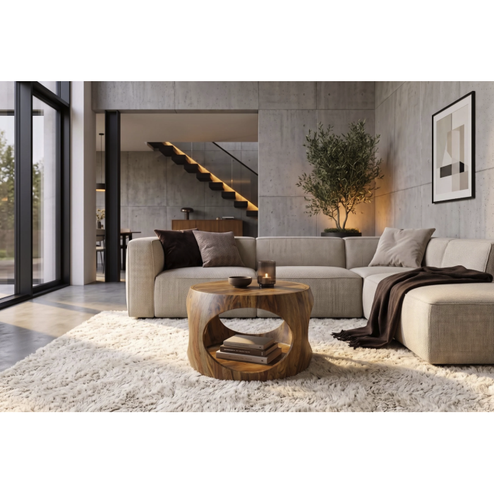 Table basse NERA 60cm en bois de sheesham vue dans un décor 3D