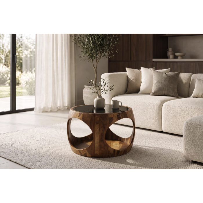 Table basse NERA 60cm en bois de sheesham et verre vue de face
