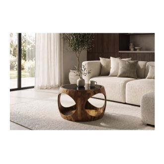 Table basse NERA 60cm en bois de sheesham et verre vue de face