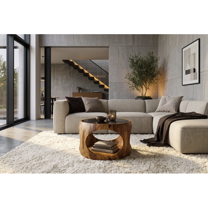 Table basse NERA 60cm en bois de sheesham et verre vue éloignée