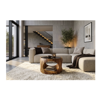Table basse NERA 60cm en bois de sheesham et verre vue éloignée