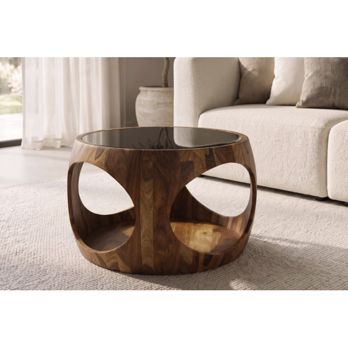 Table basse NERA 60cm en bois de sheesham et verre mise en situation