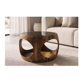 Table basse NERA 60cm en bois de sheesham et verre mise en situation