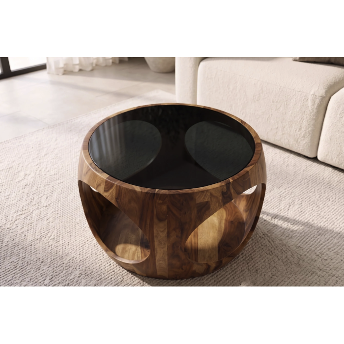 Zoom sur le plateau de la table basse NERA 60cm en bois de sheesham et verre