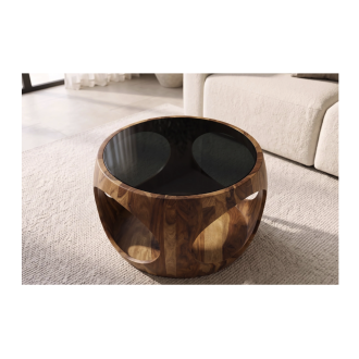 Zoom sur le plateau de la table basse NERA 60cm en bois de sheesham et verre