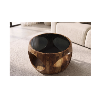 Zoom sur le plateau de la table basse NERA 60cm en bois de sheesham et verre