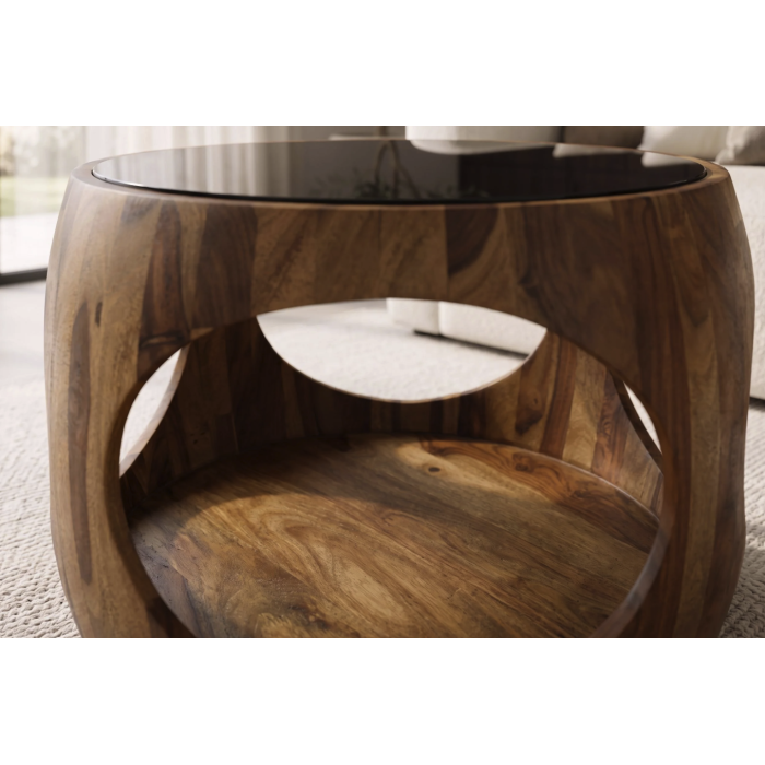 Zoom sur la niche de la table basse NERA 60cm en bois de sheesham et verre