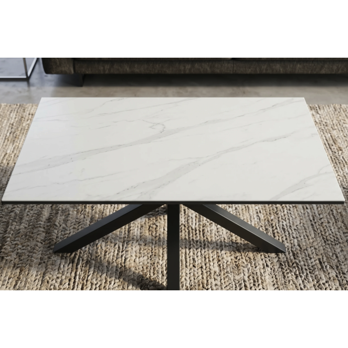 Table basse SOLARA 100cm effet marbre blanc vue de face et de haut
