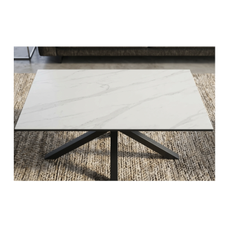 Table basse SOLARA 100cm effet marbre blanc vue de face et de haut